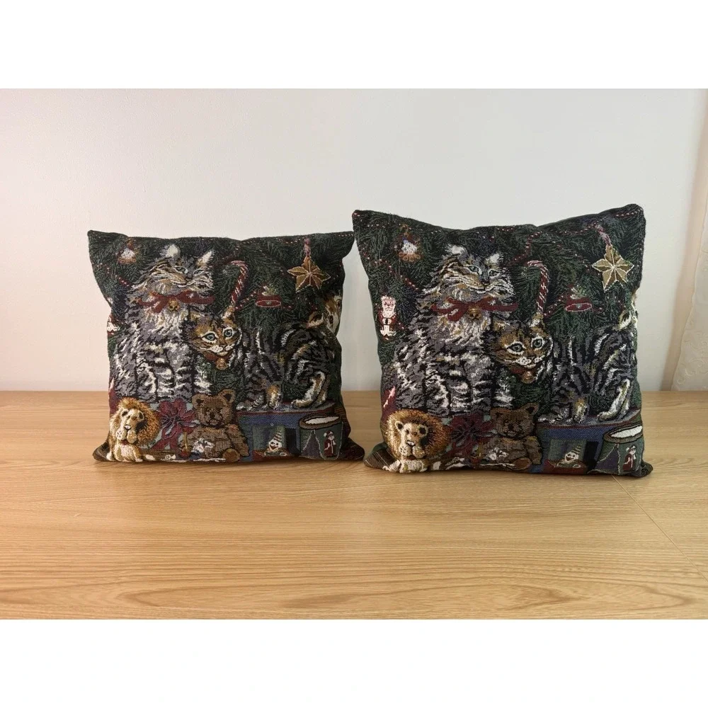 Christmas Cat Tapestry Throw Pillows Pair Woven Holiday Tree Teddy Bear Decor
